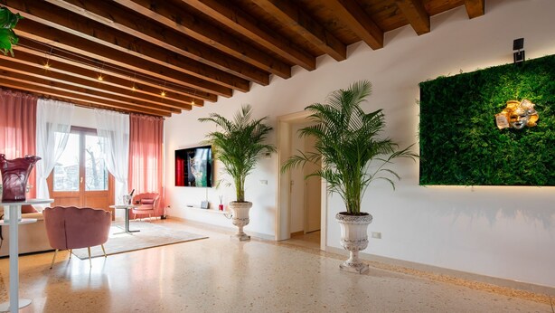 A modern interior with a polished concrete floor, a wooden ceiling, and a green wall with a decorative element.