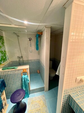 Dusche, Haartrockner, Handtücher, Seife