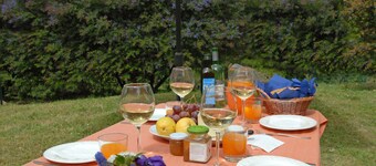 A farmhouse in a large forest on a mountain with an immense view around it.
