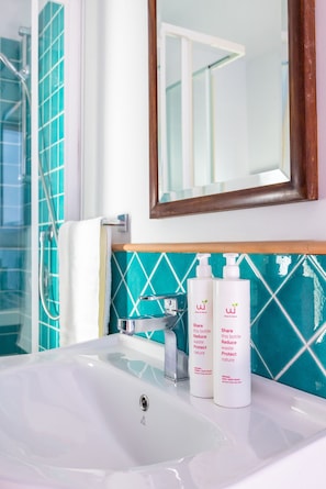 Shower, hair dryer, towels, soap