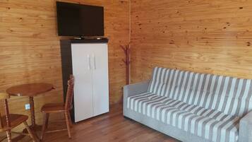 A wooden-paneled room with a sofa, a television on a cabinet, and a dining table with chairs.
