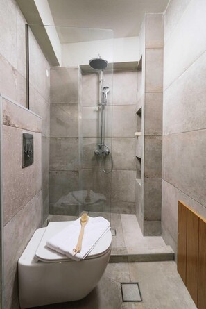 Un baño moderno con ducha, inodoro y un cepillo de madera.