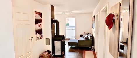 Smart TV, chimenea y libros