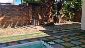 A backyard with a brick wall, a tree, and a small pool area. - Ojong's Guesthouse (Cape Town)