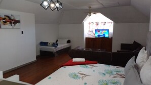 A bedroom with a bed, a TV, a ceiling fan, and a window. - Ojong's Guesthouse (Cape Town)