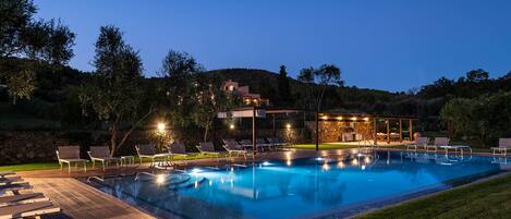 Seasonal outdoor pool, pool umbrellas, pool loungers