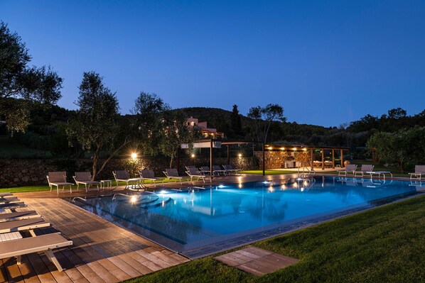 Seasonal outdoor pool, pool umbrellas, pool loungers
