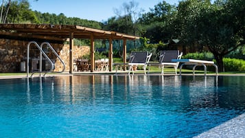 Seasonal outdoor pool, pool umbrellas, pool loungers