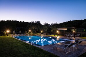 Seasonal outdoor pool, pool umbrellas, pool loungers