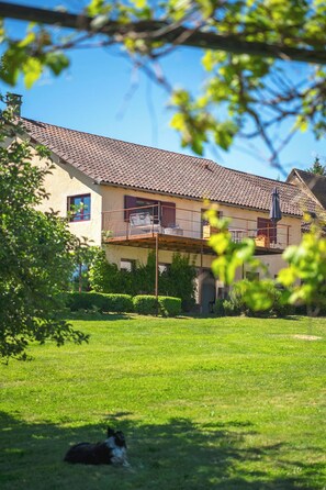 A two-story house with a balcony, a lawn, and a dog lying on the grass.