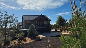 Une maison à deux étages, avec un toit sombre, un porche à l’avant et un petit jardin devant, agrémenté d’un arbre et de quelques arbustes.