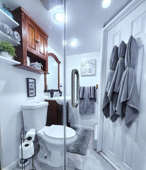 Shower, hair dryer, towels, soap