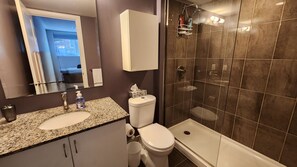Shower, hair dryer, towels, soap