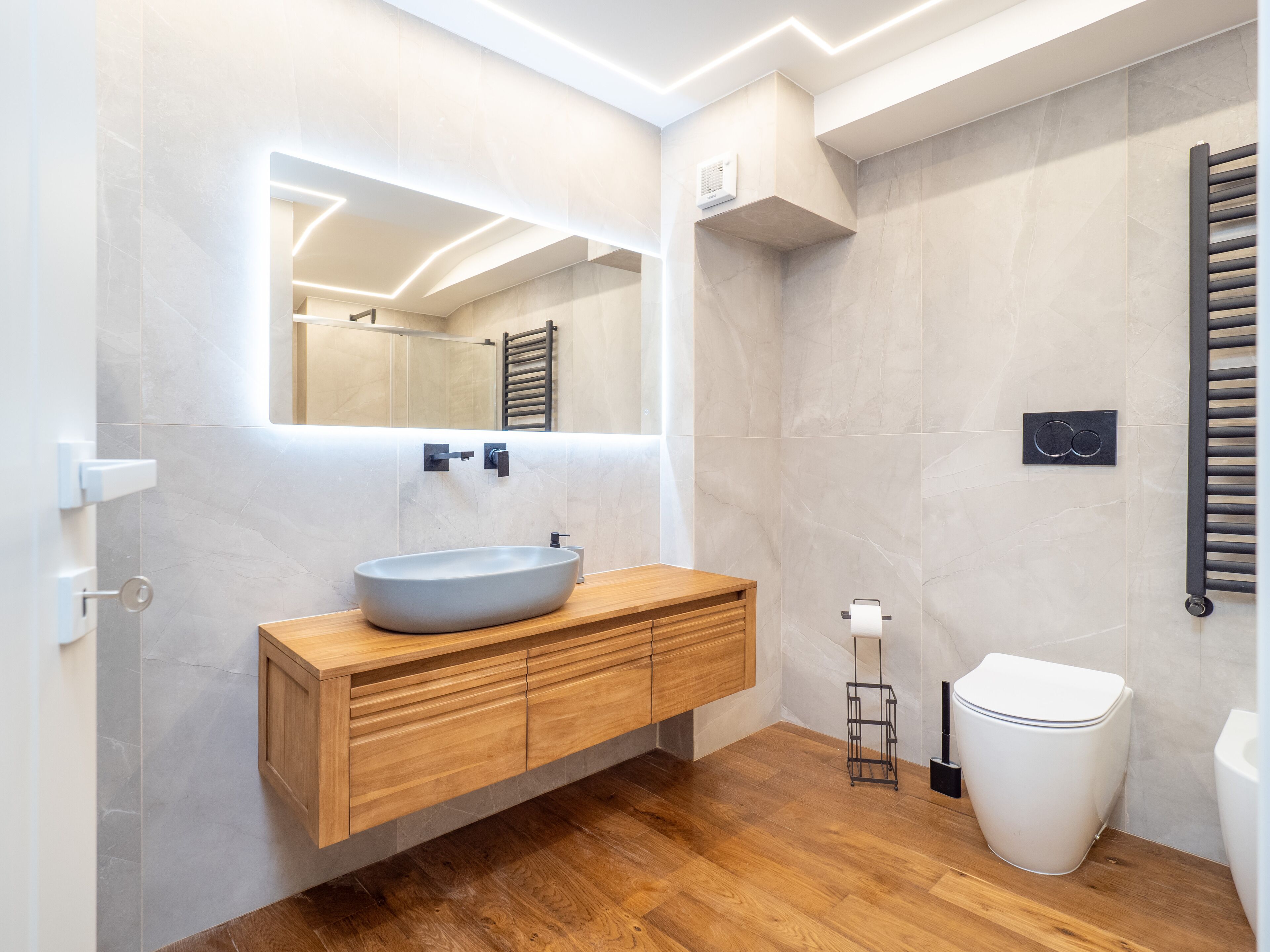 Hair dryer, towels, soap, toilet paper