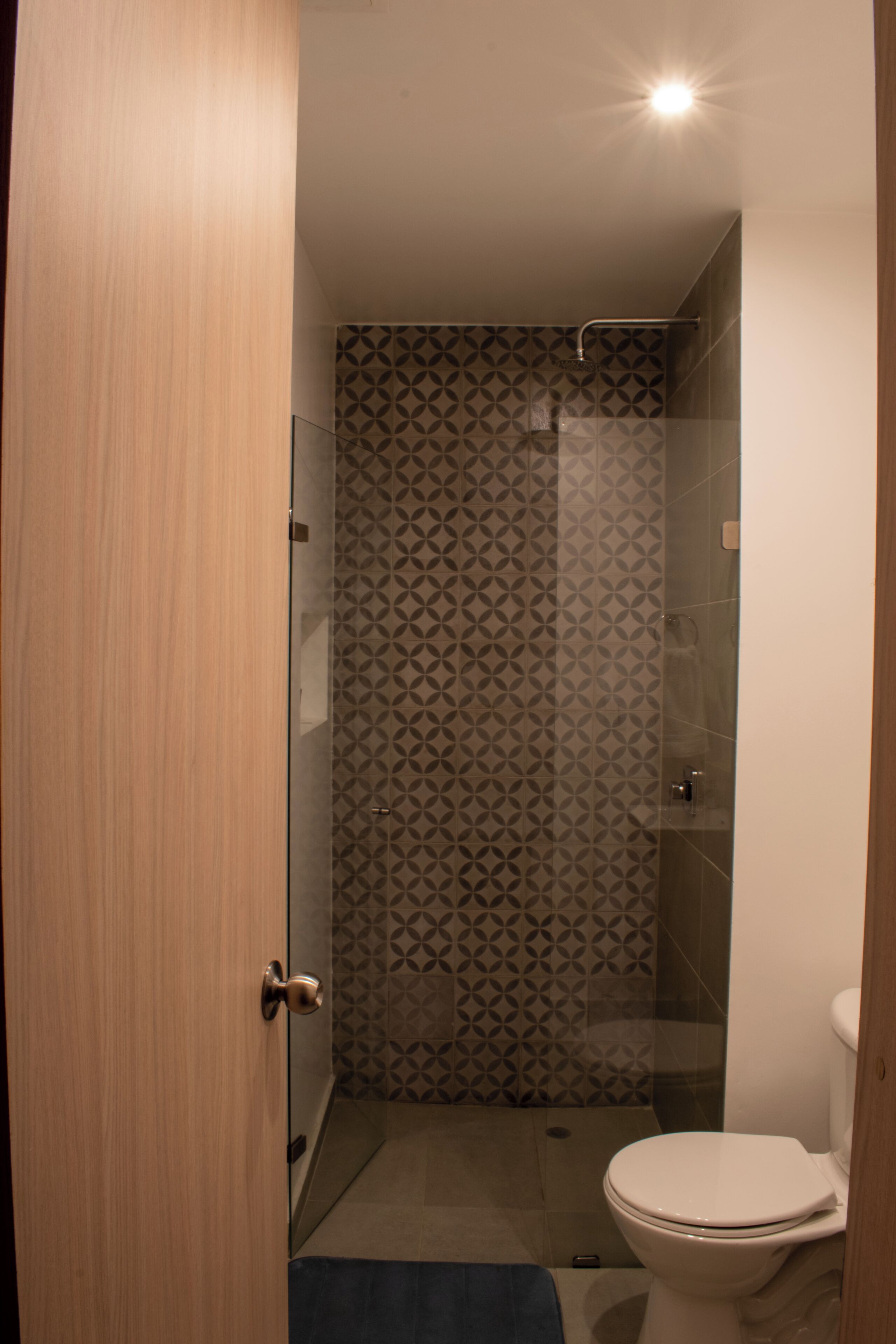 Une salle de bain avec douche, toilettes et un mur décoré de motifs.