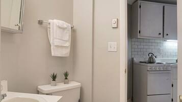 Hair dryer, towels, soap, shampoo