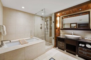 Jetted tub, hair dryer, towels, soap