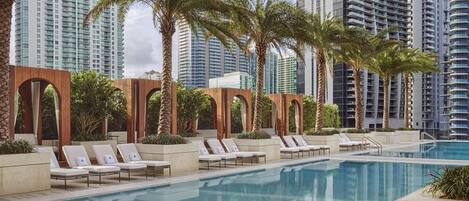 Outdoor pool, pool umbrellas, pool loungers