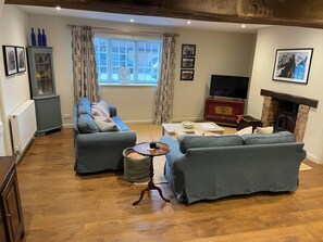 Smart TV, fireplace, books