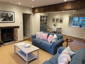Smart TV, fireplace, books