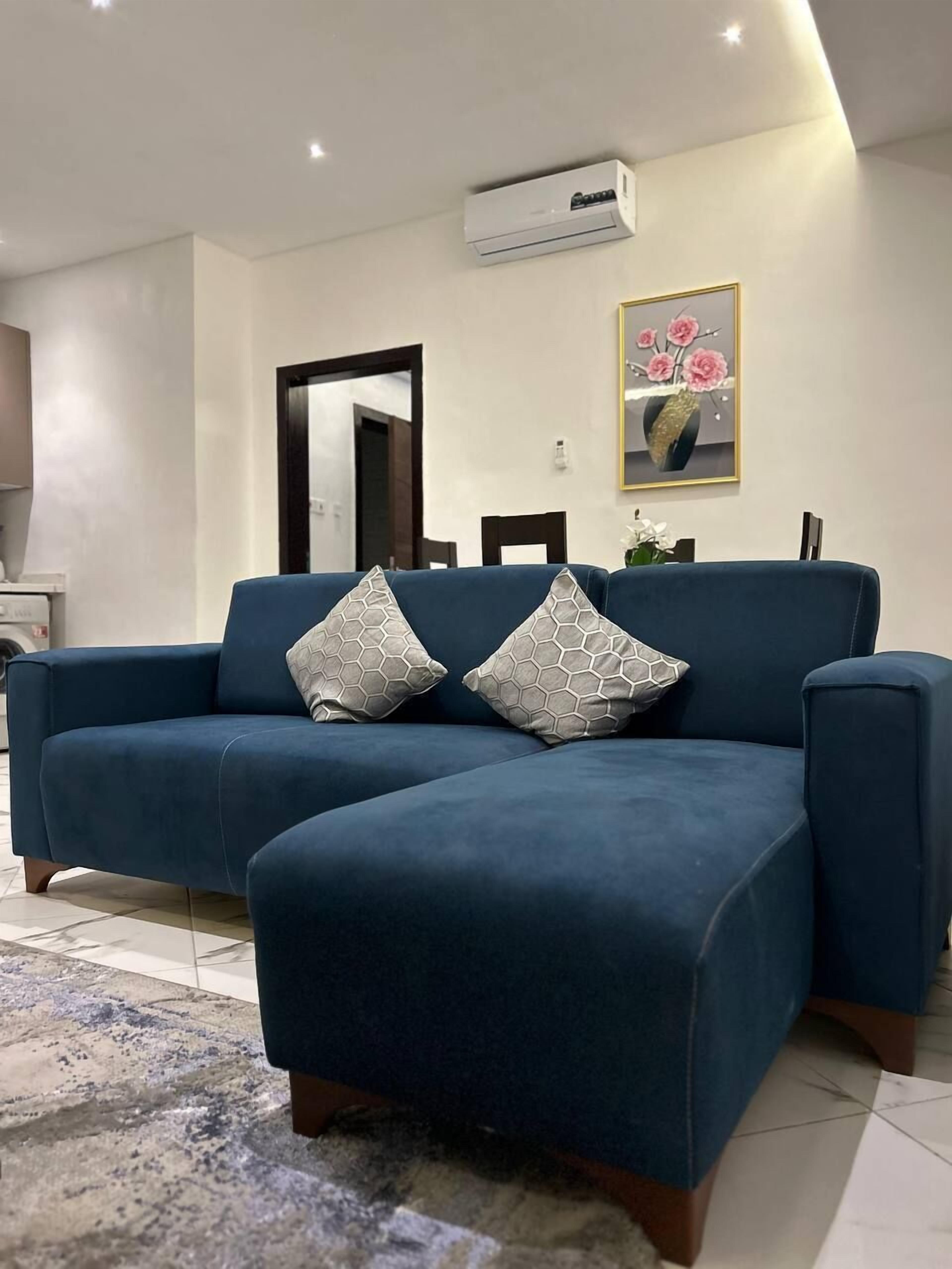 A modern living room with a blue sofa, two hexagonal patterned cushions, a wall-mounted air conditioner, and a framed floral painting.