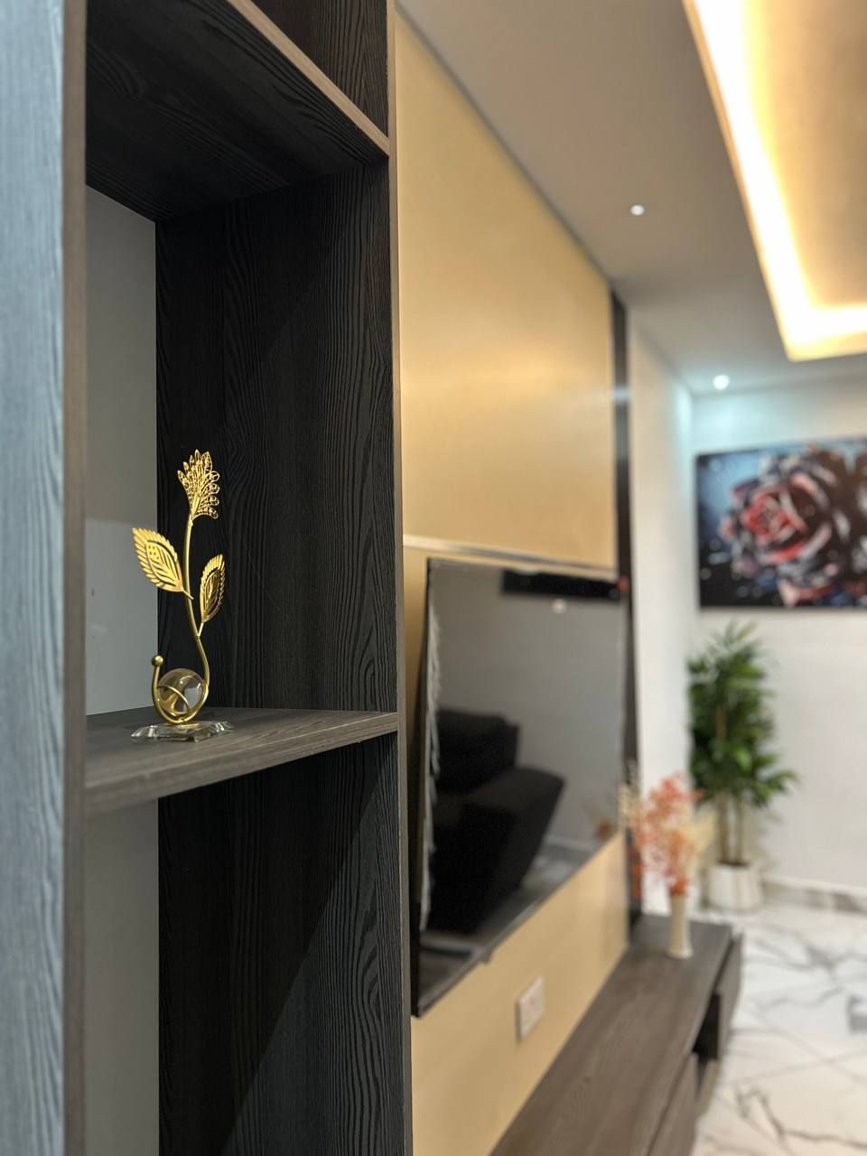 A modern living room with a dark wood shelving unit, a flat-screen TV, and a decorative golden plant.