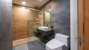 Hair dryer, towels, soap, toilet paper