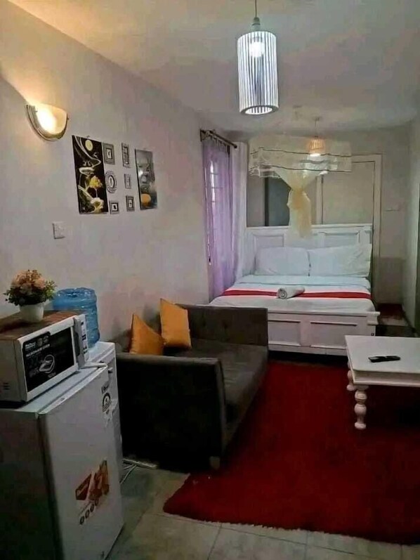A compact hotel room with a bed, a small sofa, a microwave, and a red rug.