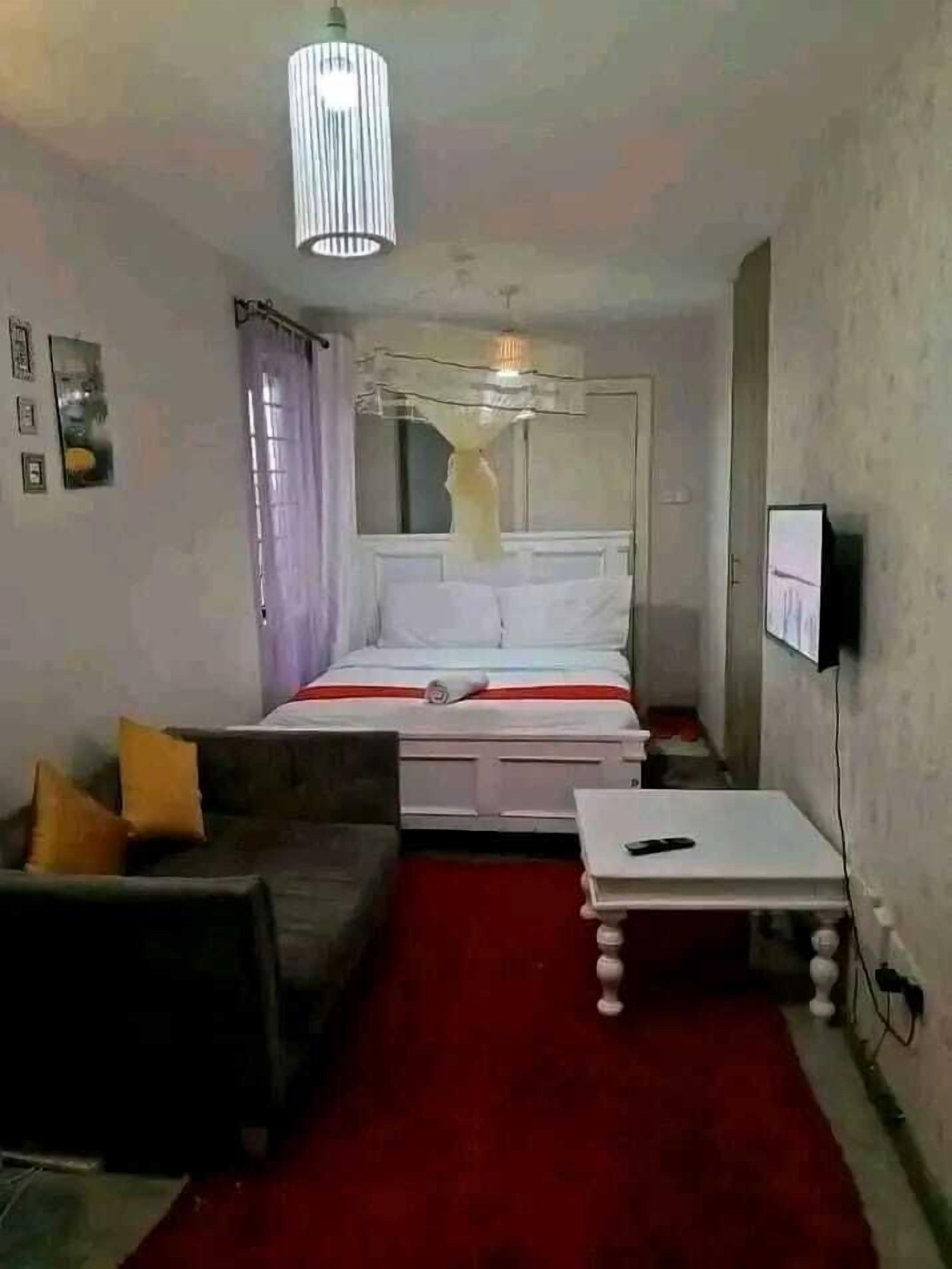 Ett sovrum med en säng, ett sängbord, en tv, en soffa och en hängande lampa.