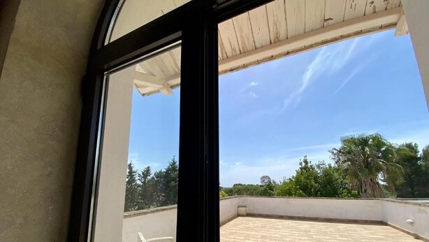 Une vue depuis une fenêtre sur un patio sur le toit, avec un ciel dégagé et des arbres en arrière-plan.