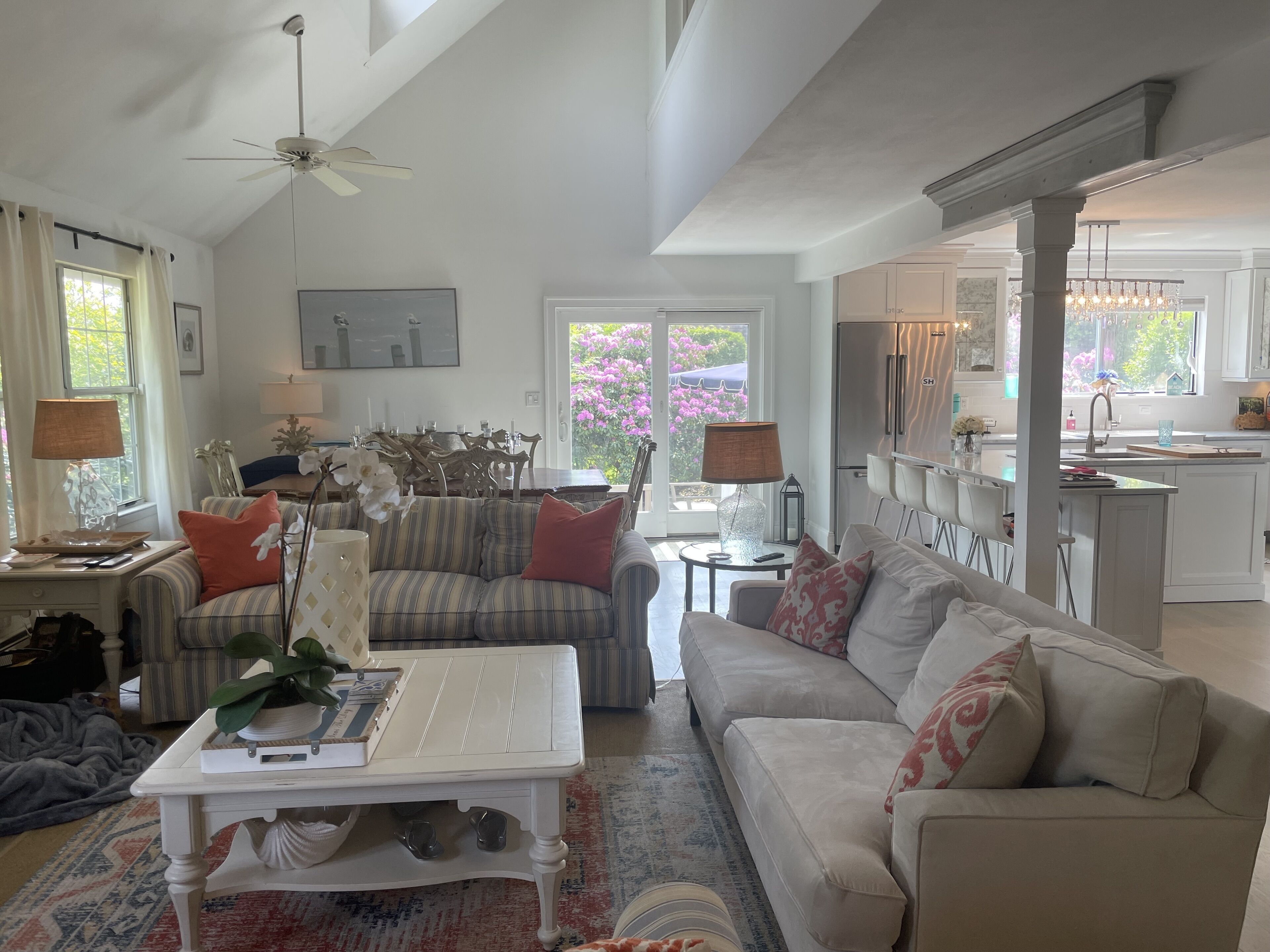 Living area on 1st floor with wood burning fireplace 