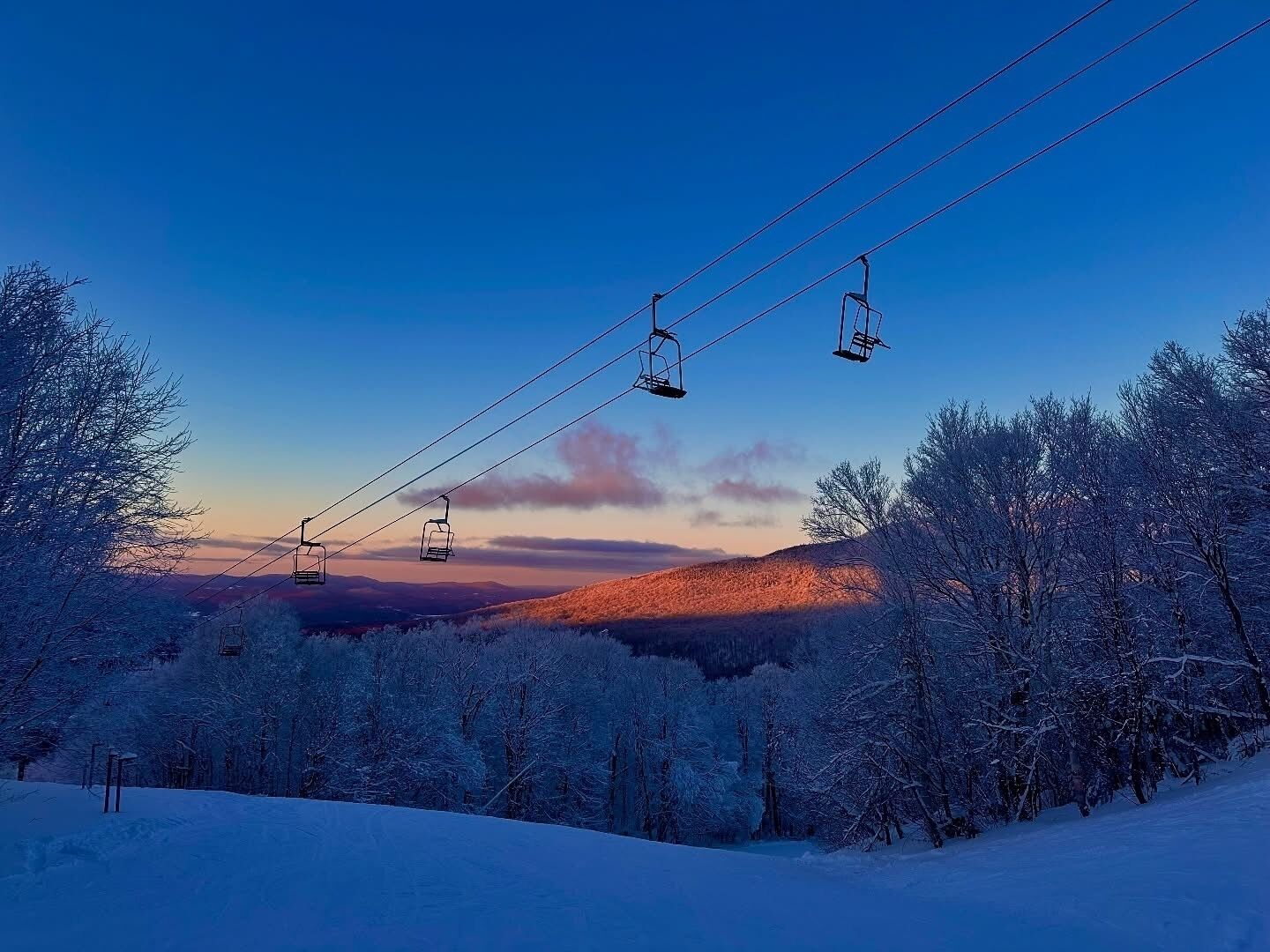 A ski lift with chairs suspended from cables, surrounded by snow-covered trees and a mountainous backdrop.