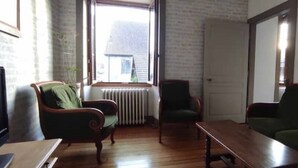 Ein Wohnzimmer mit Kamin, Heizkörper und Blick auf ein Haus.