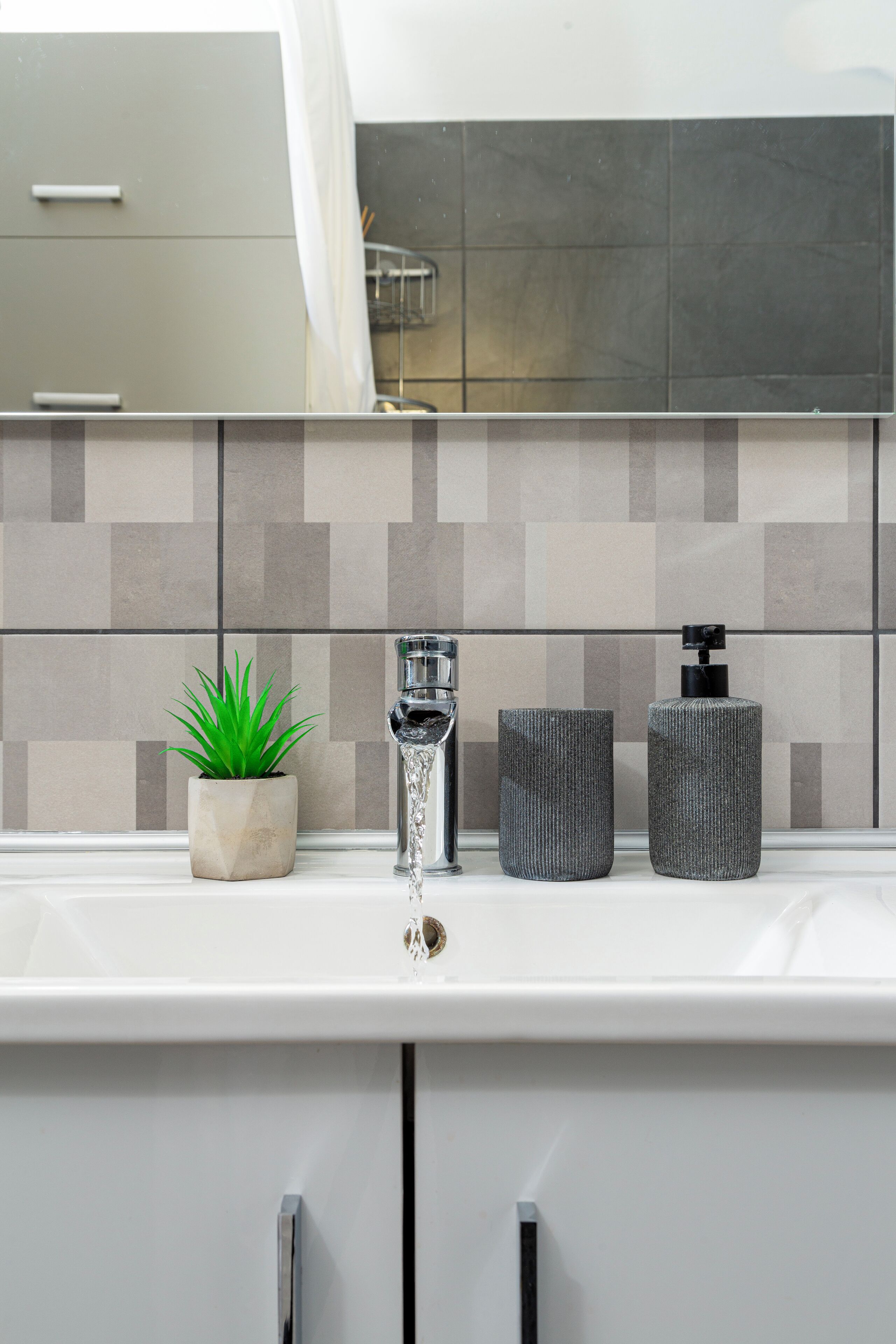 A bathroom with a white sink, a potted plant, a soap dispenser, and a towel rack.