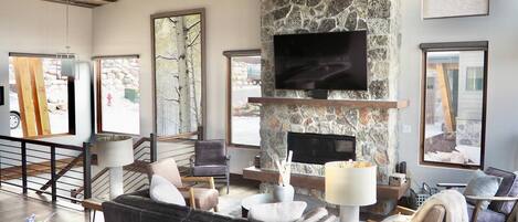 Smart TV, fireplace, table football