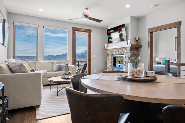 Smart TV, fireplace, books