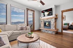 Smart TV, fireplace, books