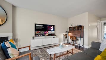 Smart TV, fireplace, foosball, table tennis