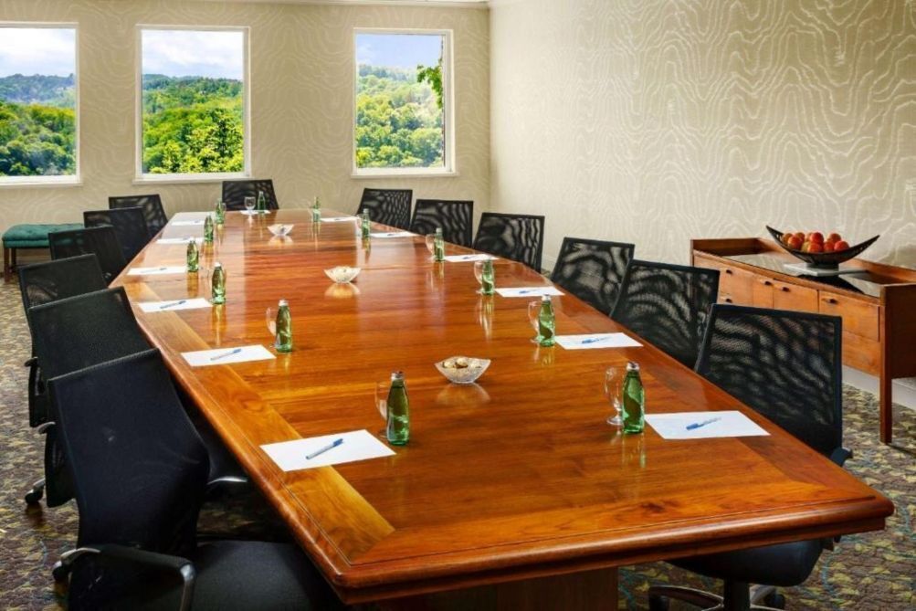 A conference room with a long wooden table, chairs, and a view of greenery through large windows.