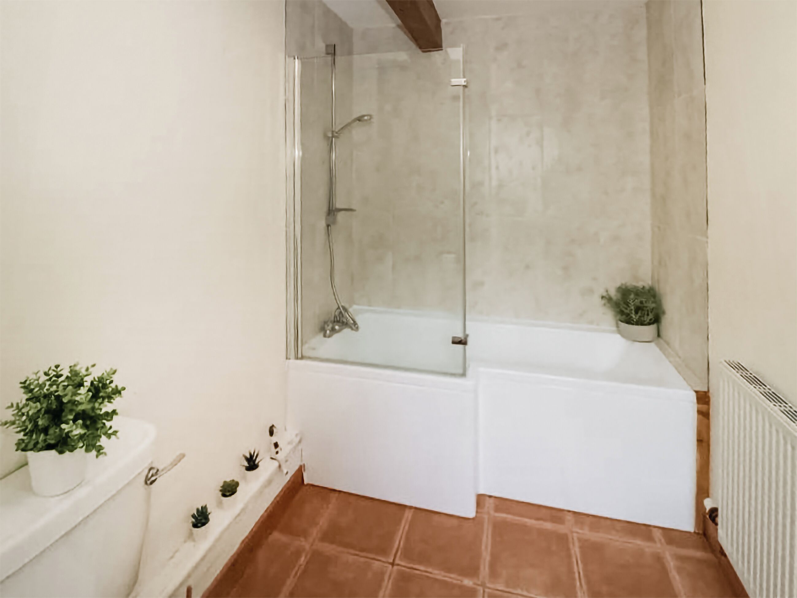 A bathroom with a glass-enclosed shower, a white bathtub, and a toilet. There are small potted plants on the floor and a radiator on the right.
