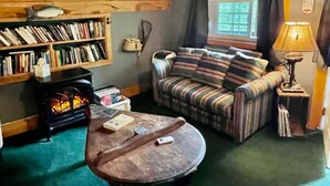 Un salon chaleureux avec un canapé à rayures, une table basse ronde, une bibliothèque et une cheminée.