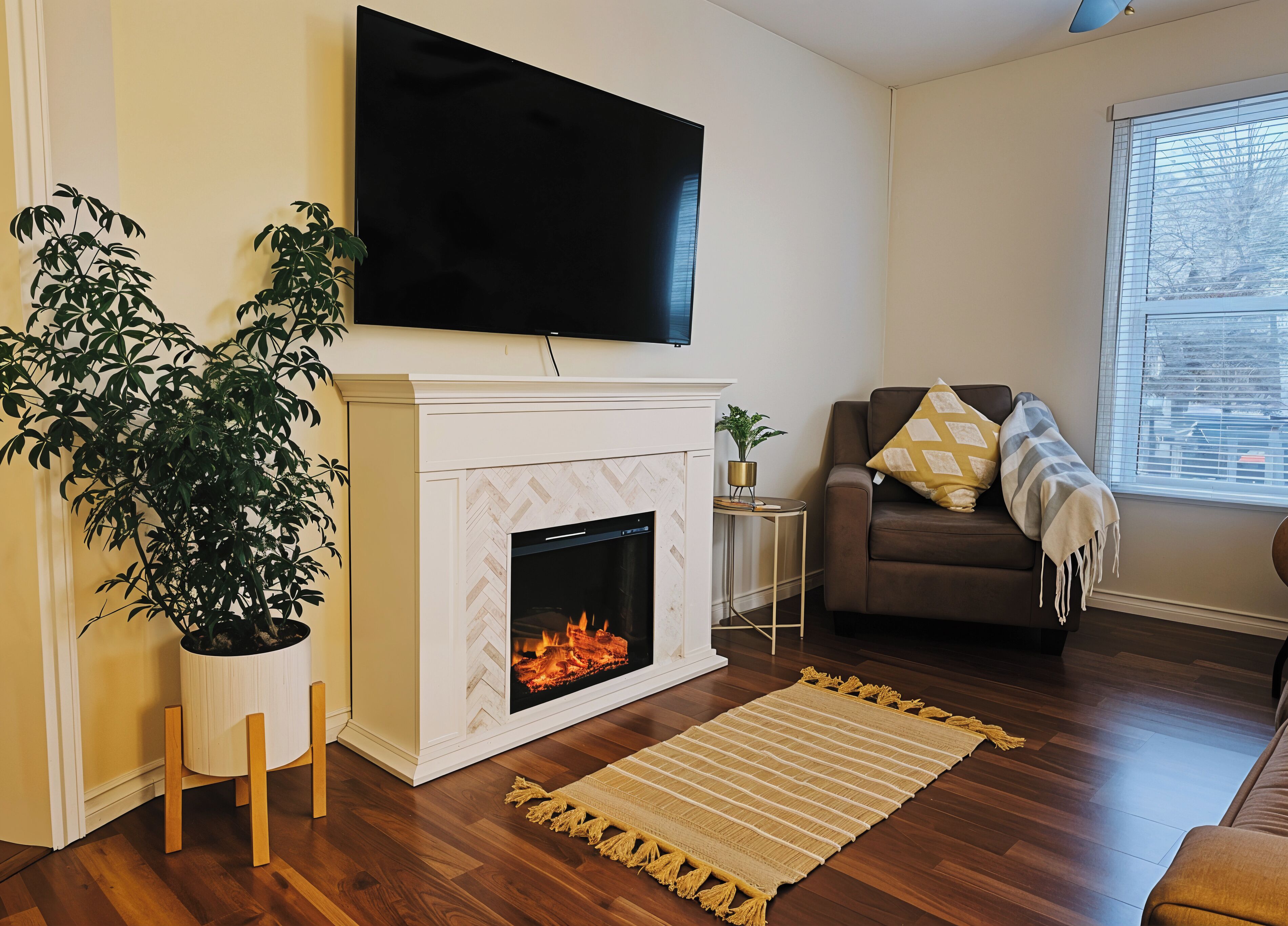 Televisión, chimenea y estéreo 