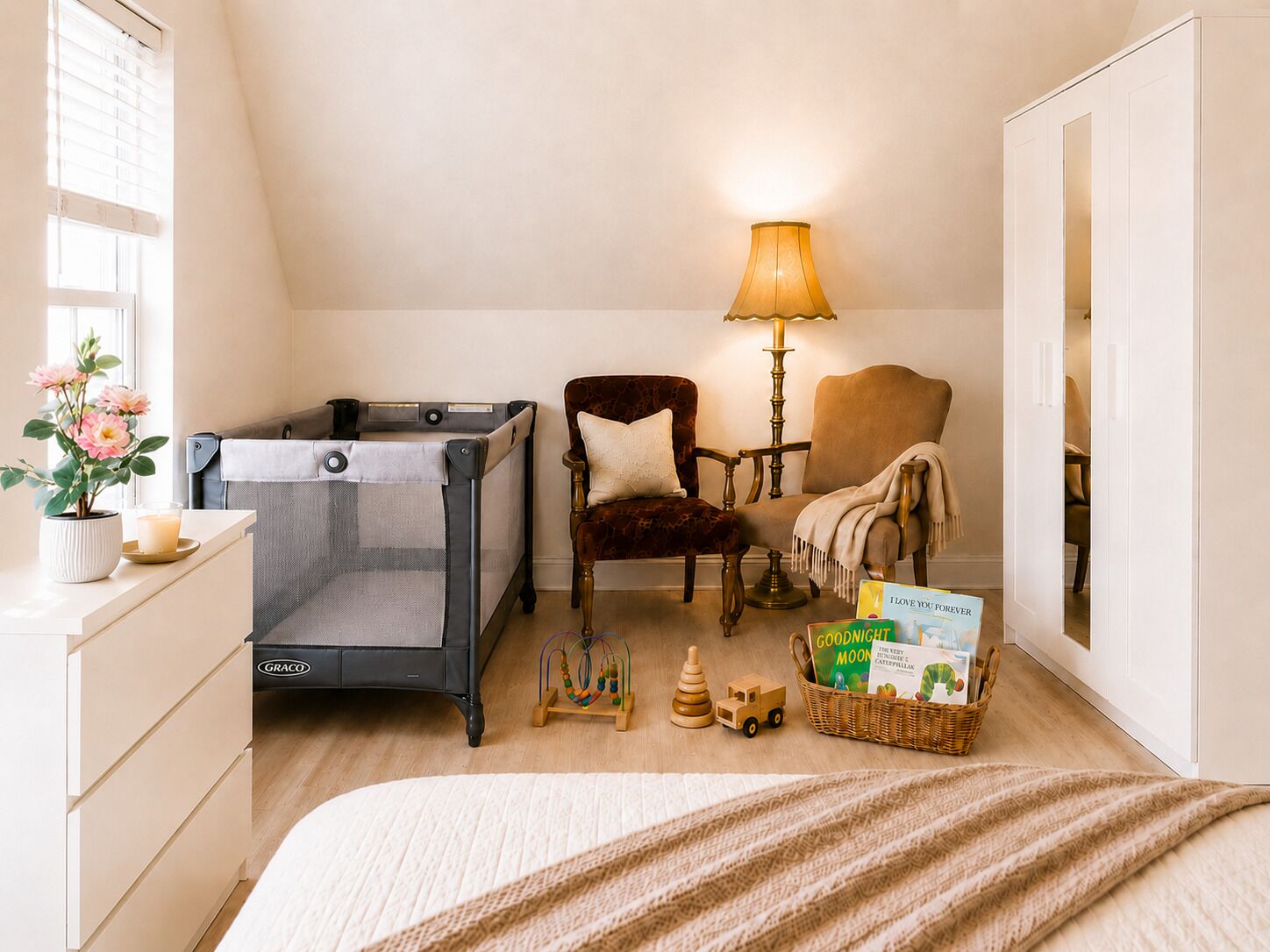 Una habitación acogedora con una cuna, una silla, una lámpara, una cesta con libros y un aparador.