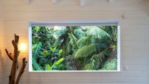 Ein Fenster mit Blick auf dichtes tropisches Grün.