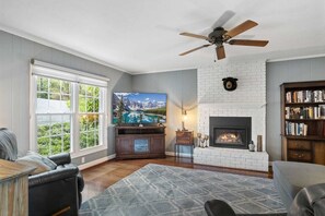 TV connectée, cheminée, livres