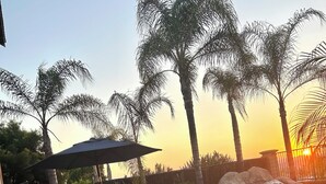 A patio with outdoor furniture, a small pool, and palm trees. - 5-10 mins to Temecula WineCountry; resort-like pool spa w/ amazing sunset views! (Winchester)