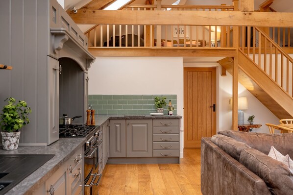 Fridge, microwave, oven, dining tables