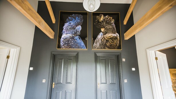 A hallway with two grey doors and two framed artworks above them.