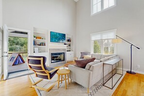TV, fireplace, books