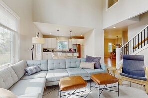 TV, fireplace, books